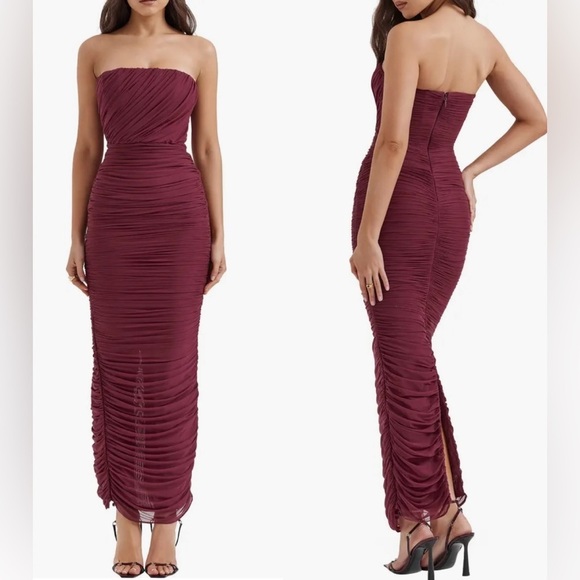 NWOT HOUSE OF CB SAPPHIRE wine plum corset Strapless Ruched Mesh maxi sz XS - Picture 1 of 6